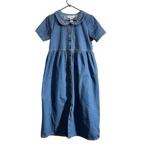 Vtg 90s Midi  Dress sz 8 Denim Peter Pan Collar Embroidered Modest Cottagecore